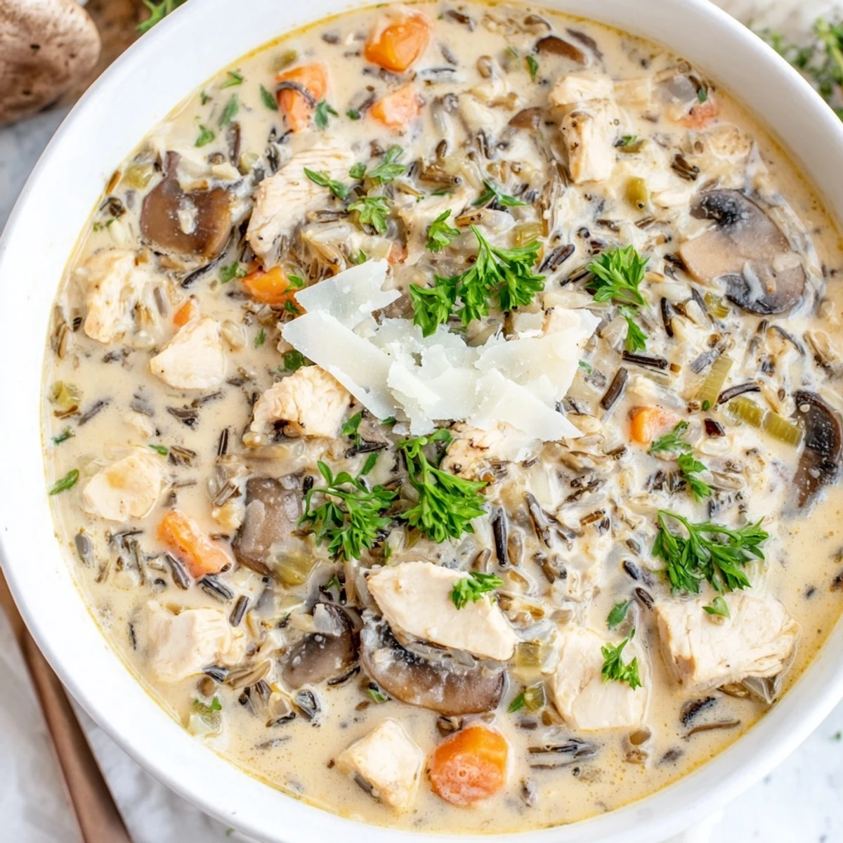 A steaming bowl of creamy Parmesan Mushroom Chicken and Wild Rice Soup, garnished with fresh parsley and extra grated cheese.