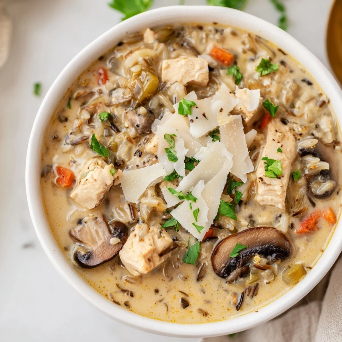Cozy and hearty, this Parmesan Mushroom Chicken and Wild Rice Soup features tender chicken and earthy mushrooms in a rich, savory broth.