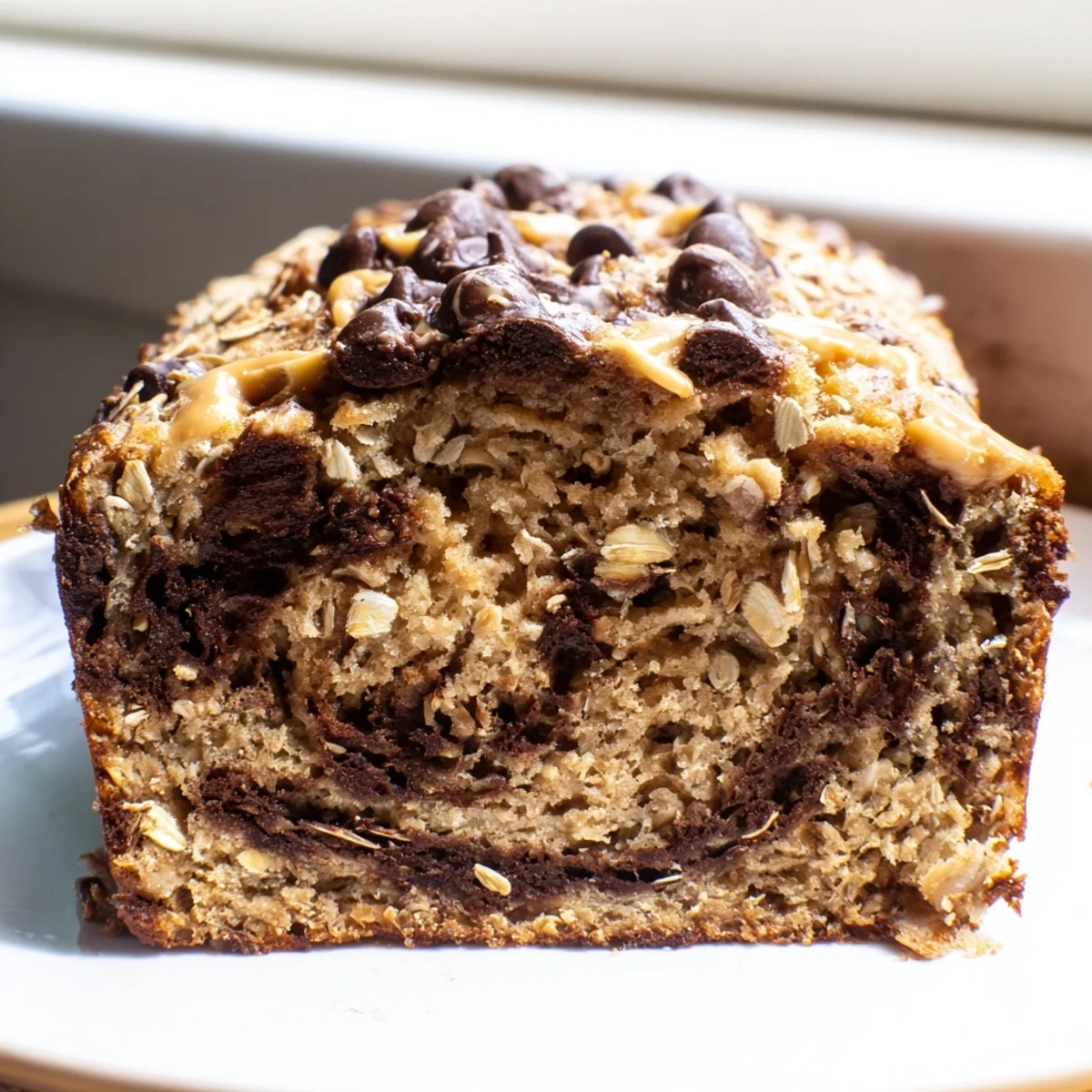 Freshly baked loaf of Chocolate Chip Peanut Butter Oatmeal Banana Bread with melty chips, perfect for a wholesome snack.  