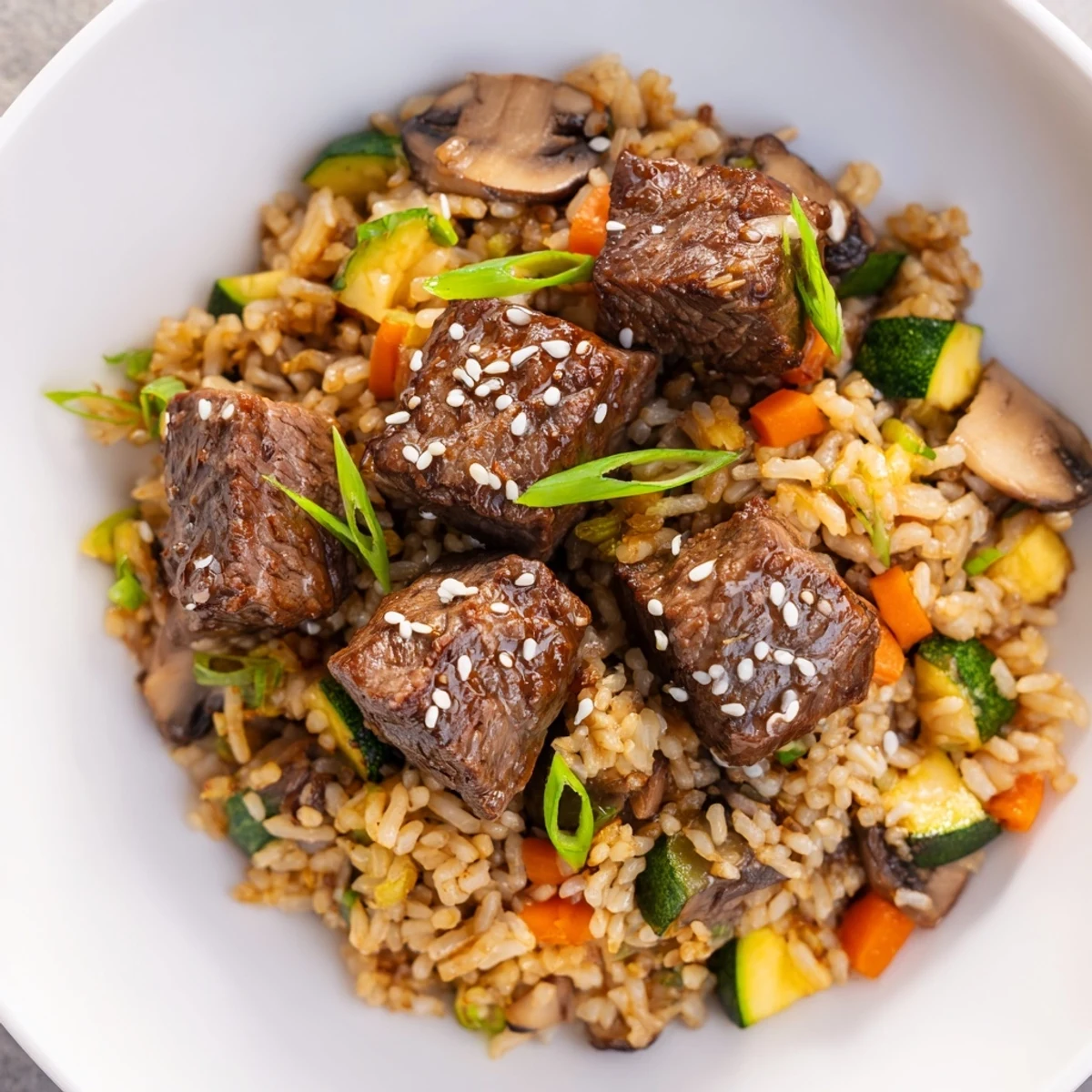 A top-down view of Easy Hibachi Steak with fried rice, featuring tender steak cubes, vibrant peas, carrots, and zucchini mixed into golden rice.  