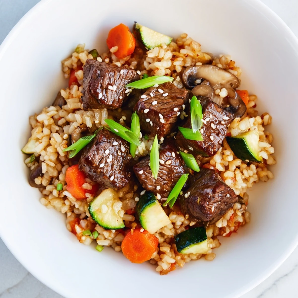 A steaming skillet of Easy Hibachi Steak fried rice, with seared steak pieces, colorful veggies, and a pat of butter melting on top.