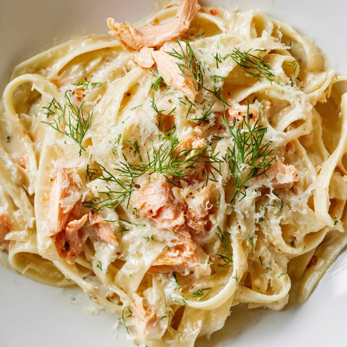 Flaky hot-smoked salmon tossed in a rich cream sauce with fettuccine and fresh herbs.
