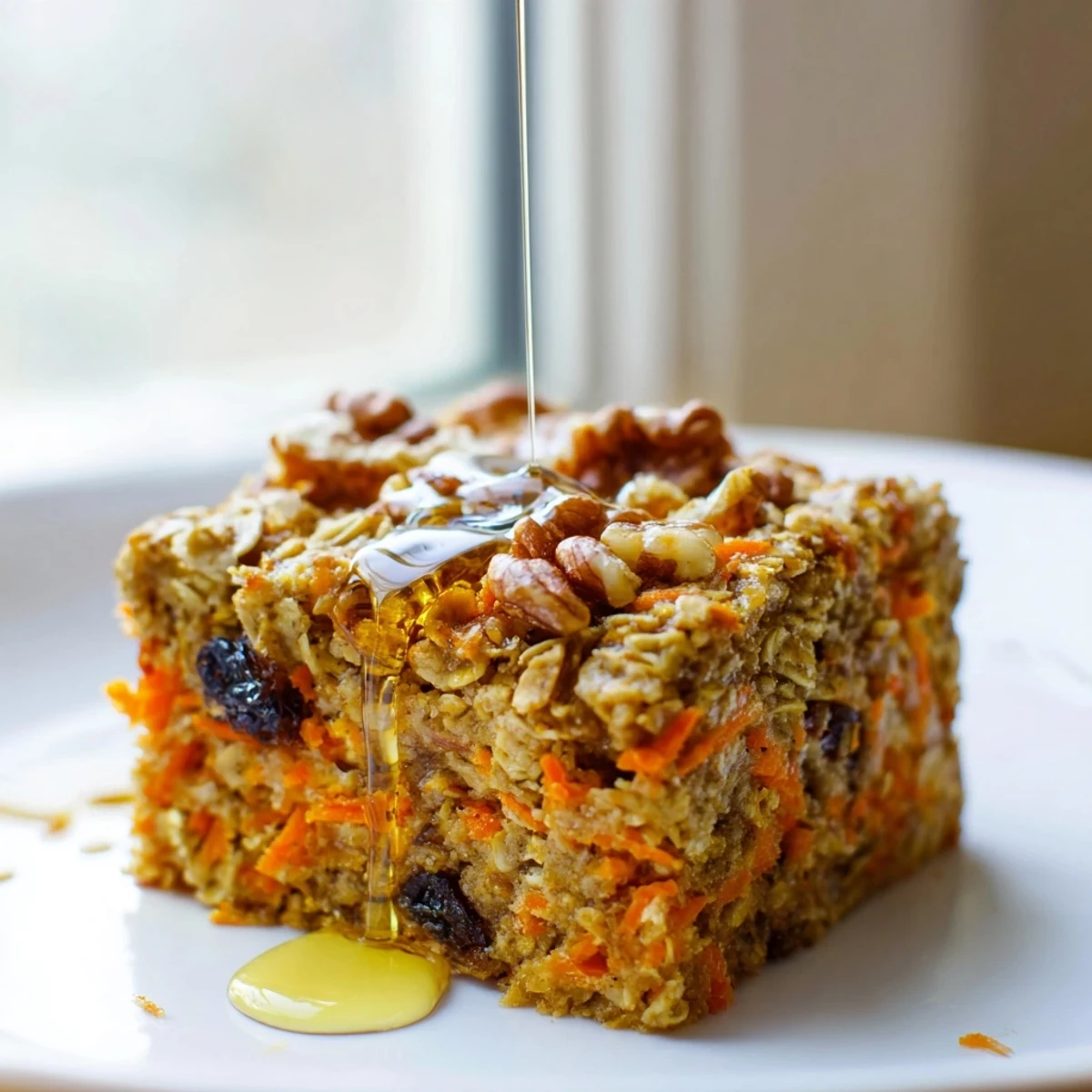 A slice of golden Carrot Cake Baked Oatmeal sits in a white bowl, topped with a dollop of creamy Greek yogurt and a sprinkle of cinnamon.