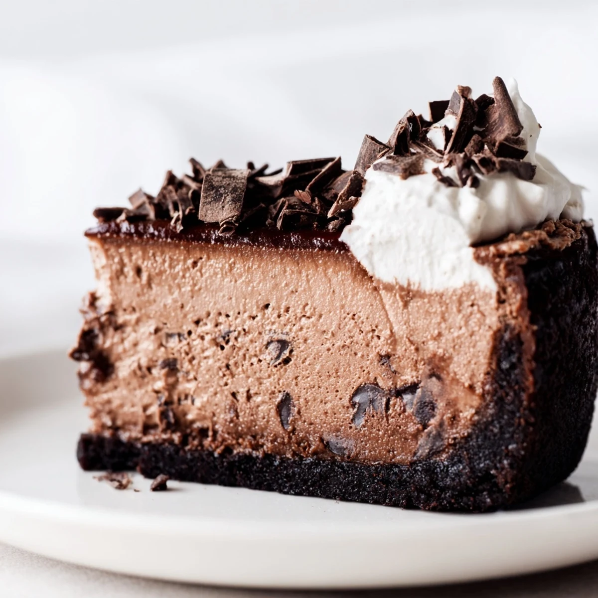 Served on a white plate, the Lighter Chocolate Cottage Cheese Cheesecake is topped with a dollop of Greek yogurt and shaved dark chocolate.  