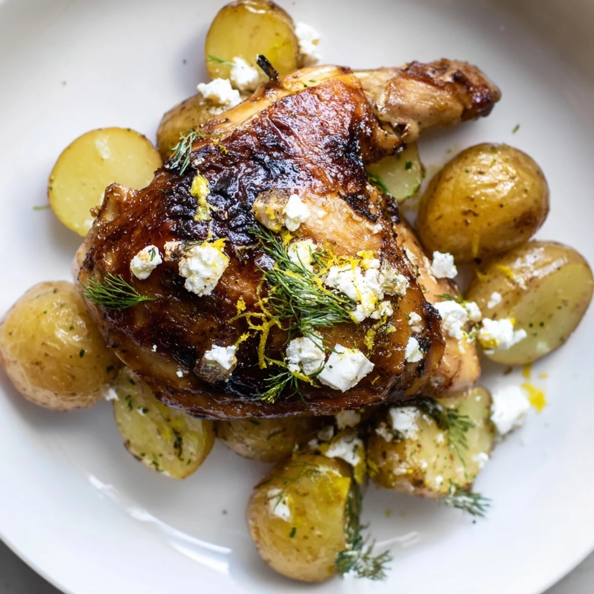 Golden-brown Roasted Chicken with Pot Potatoes, Lemon Herbs, and Feta sits beside zesty lemon wedges.
