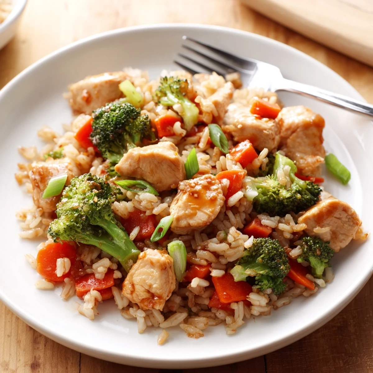Golden-brown chicken pieces, tender rice, and vibrant green broccoli florets coated in a glossy honey garlic sauce, served in a rustic skillet.