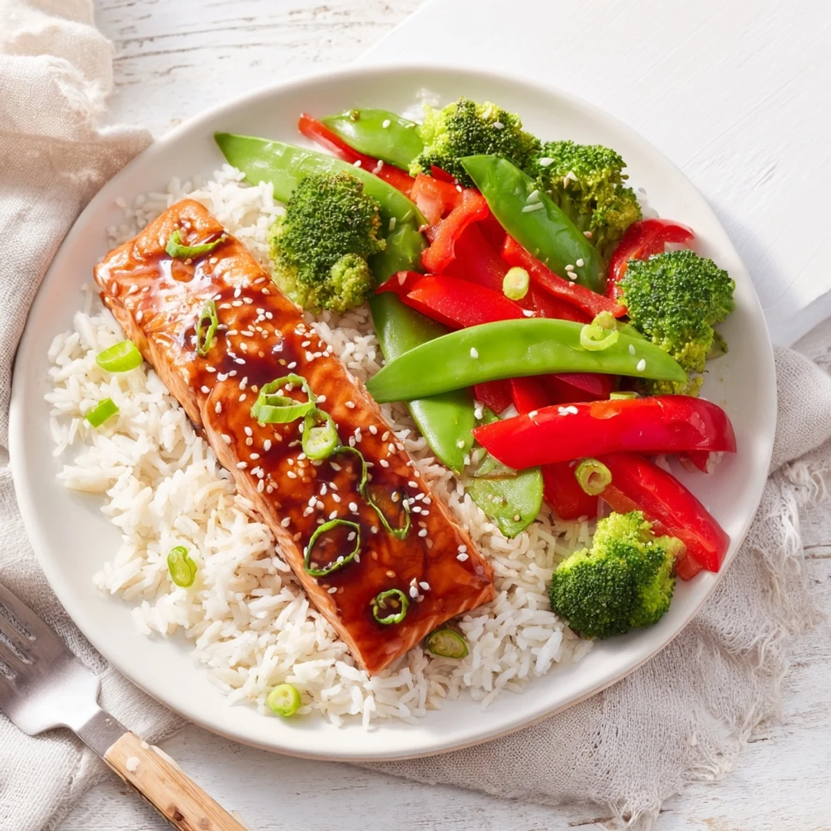 Glossy maple soy glazed salmon fillets served over fluffy rice with steamed broccoli and snap peas, garnished with sesame seeds and green onions.