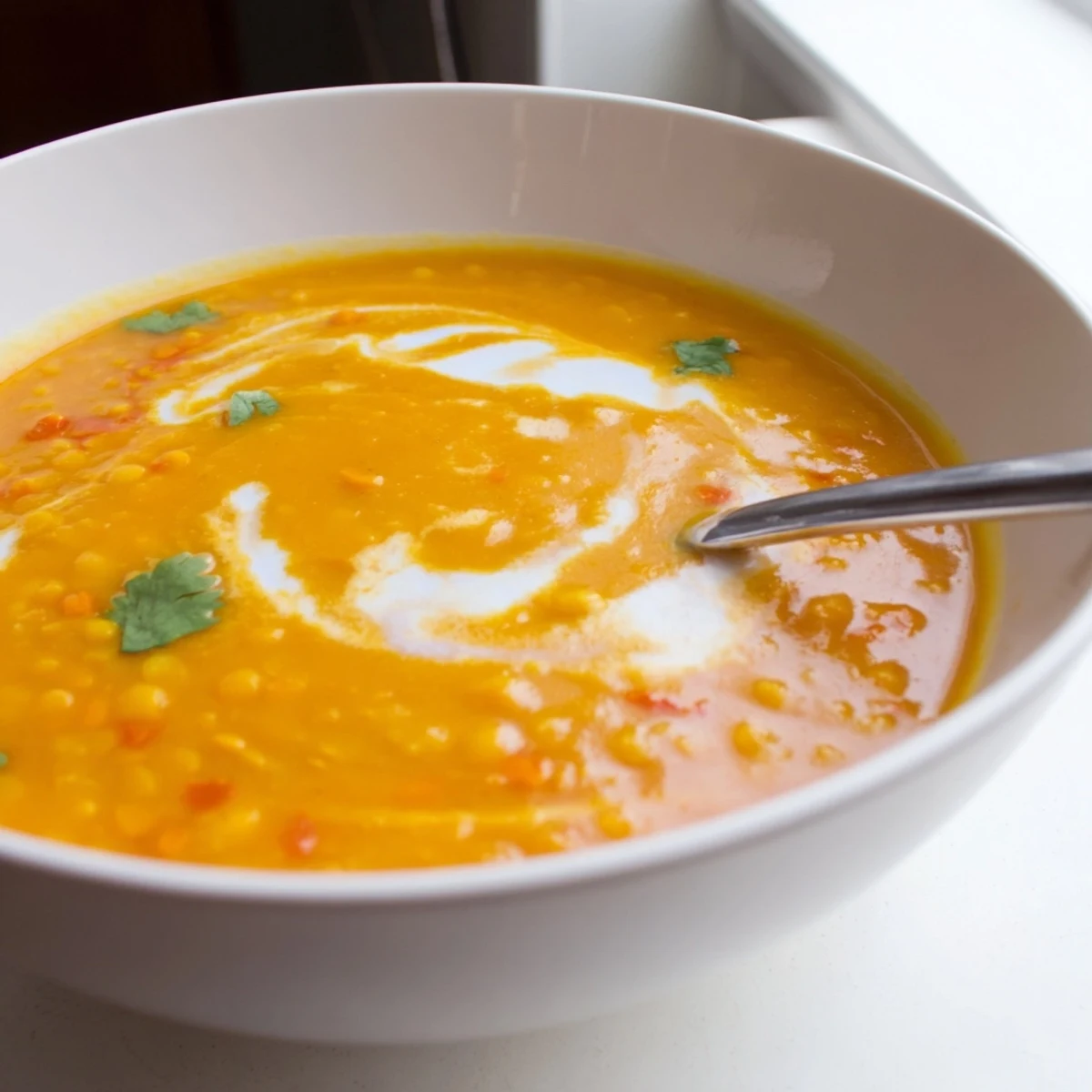 A bowl of creamy Butternut Squash and Lentil Soup garnished with fresh cilantro and a swirl of coconut cream.