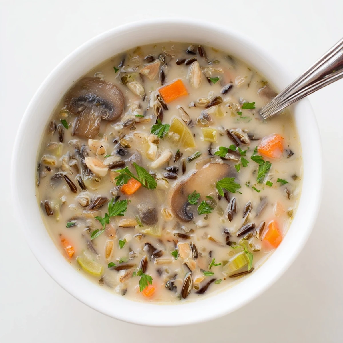 Creamy Wild Rice Mushroom Soup in a rustic bowl, garnished with fresh parsley and a swirl of cream, ready to serve.  