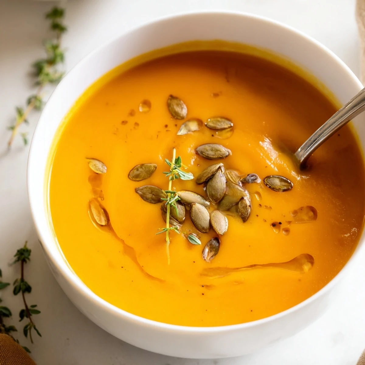 Silky pureed butternut squash soup with a drizzle of maple syrup and fresh thyme.