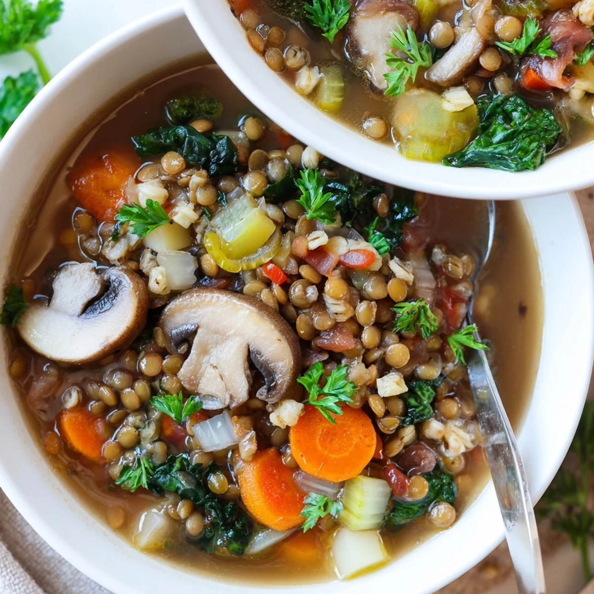 A steaming bowl of Double Lentil and Mushroom Barley Soup garnished with fresh parsley.  