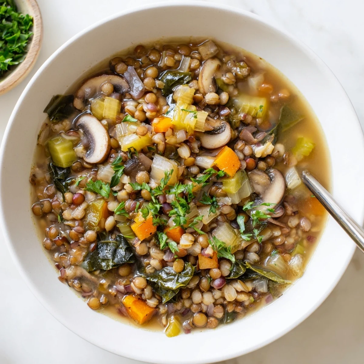A wooden spoon lifts a ladleful of rich Double Lentil and Mushroom Barley Soup.
