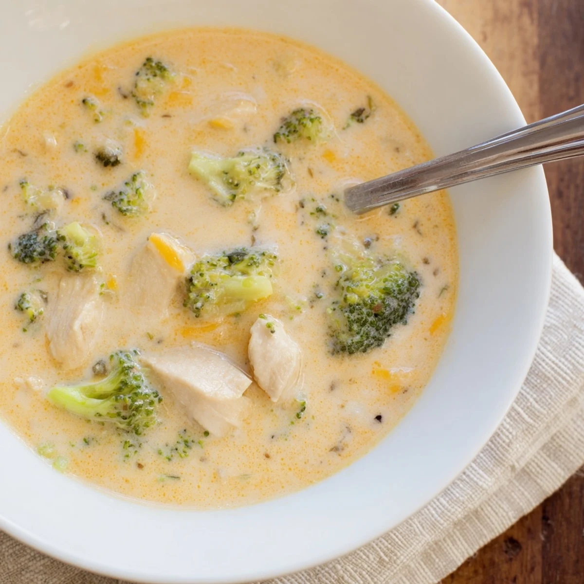 Steaming bowls of Chicken Broccoli Cheddar Soup feature tender shredded chicken and vibrant broccoli florets in a creamy cheddar base.