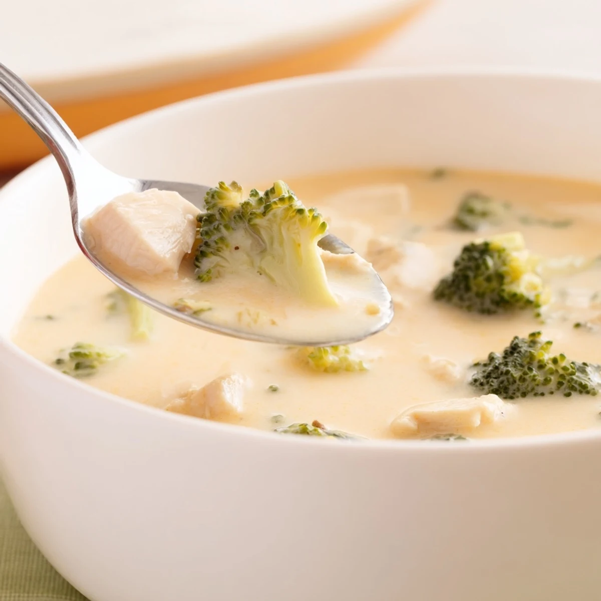A spoon dips into rich, velvety Chicken Broccoli Cheddar Soup garnished with extra cheese, ready to serve with crusty bread.