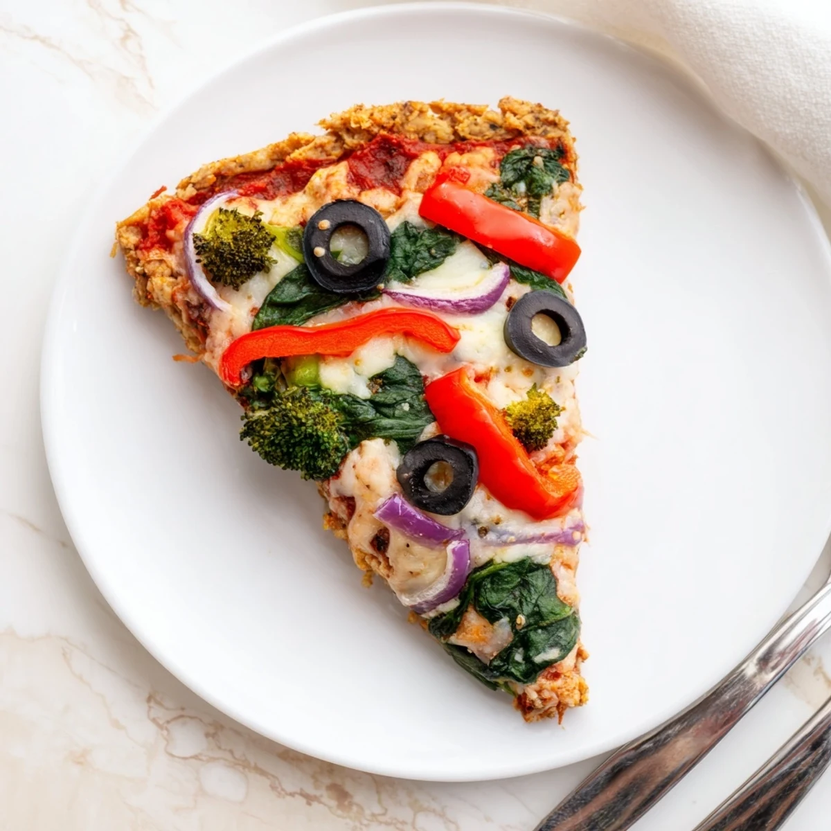 A close-up of a slice being lifted, revealing the hearty broccoli and chicken base with sautéed vegetables and pizza sauce.  