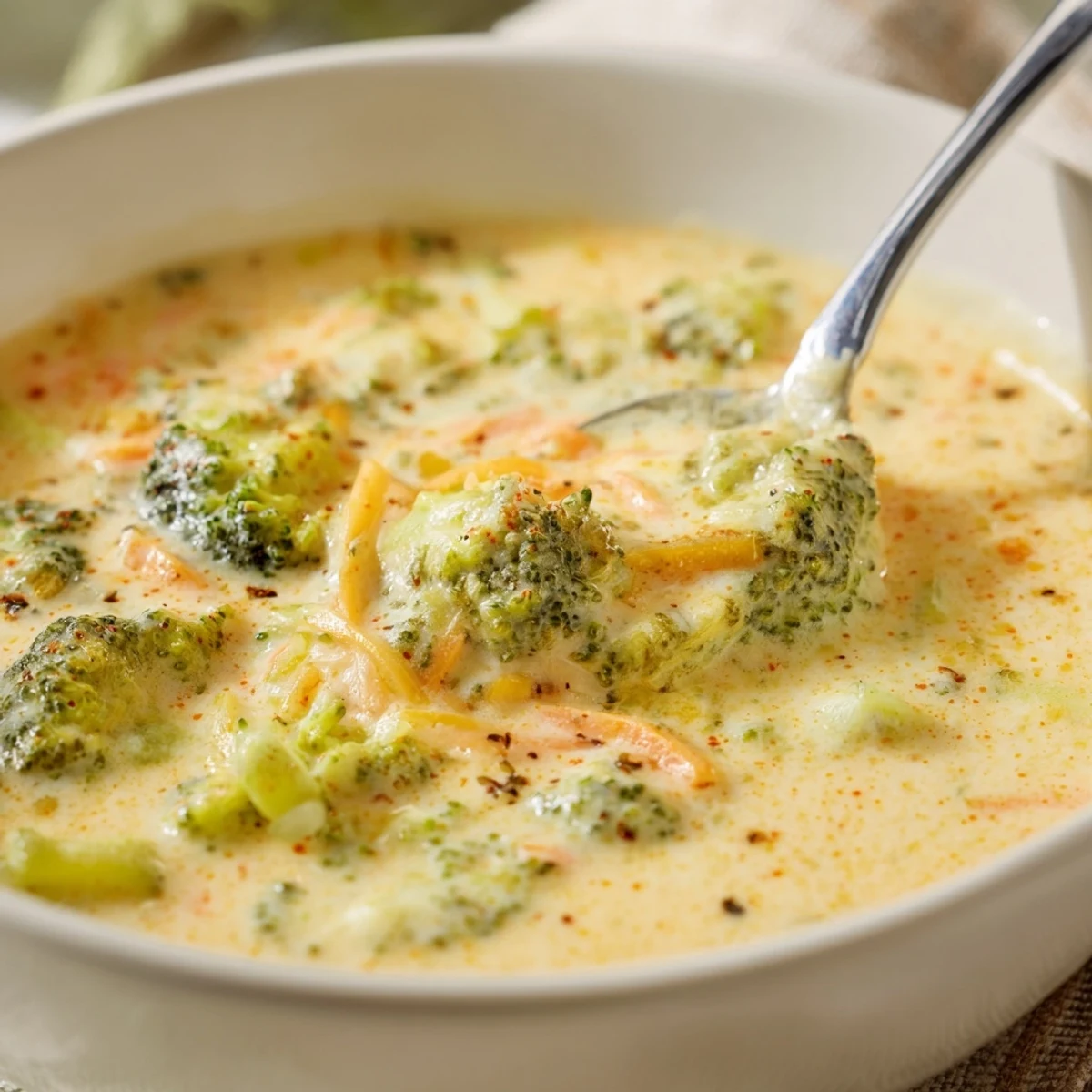 Creamy broccoli cheddar soup with tender broccoli florets and melted sharp cheddar, served steaming in a rustic bowl.