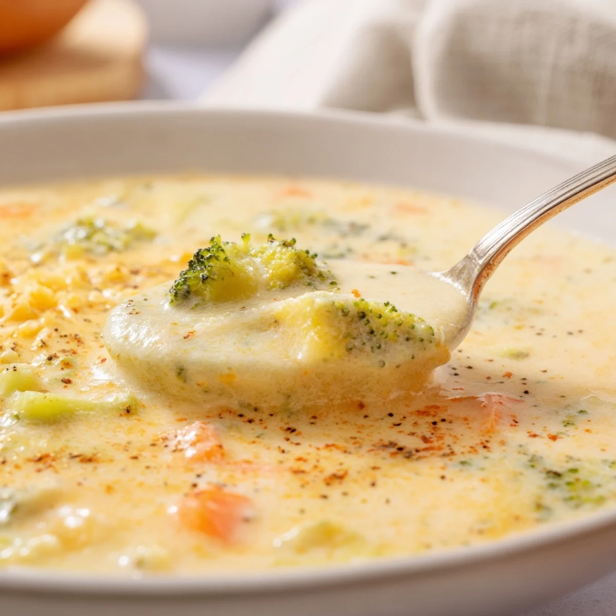 Hearty bowl of homemade broccoli cheddar soup, featuring sweet carrots and smooth cheese sauce, paired with crusty bread.