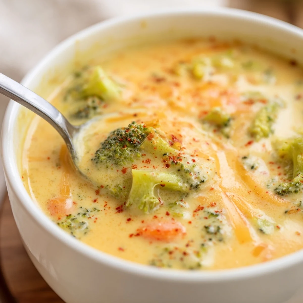 Comforting vegetarian broccoli cheddar soup, rich and creamy with savory aromas, perfect for a cozy lunch or dinner.