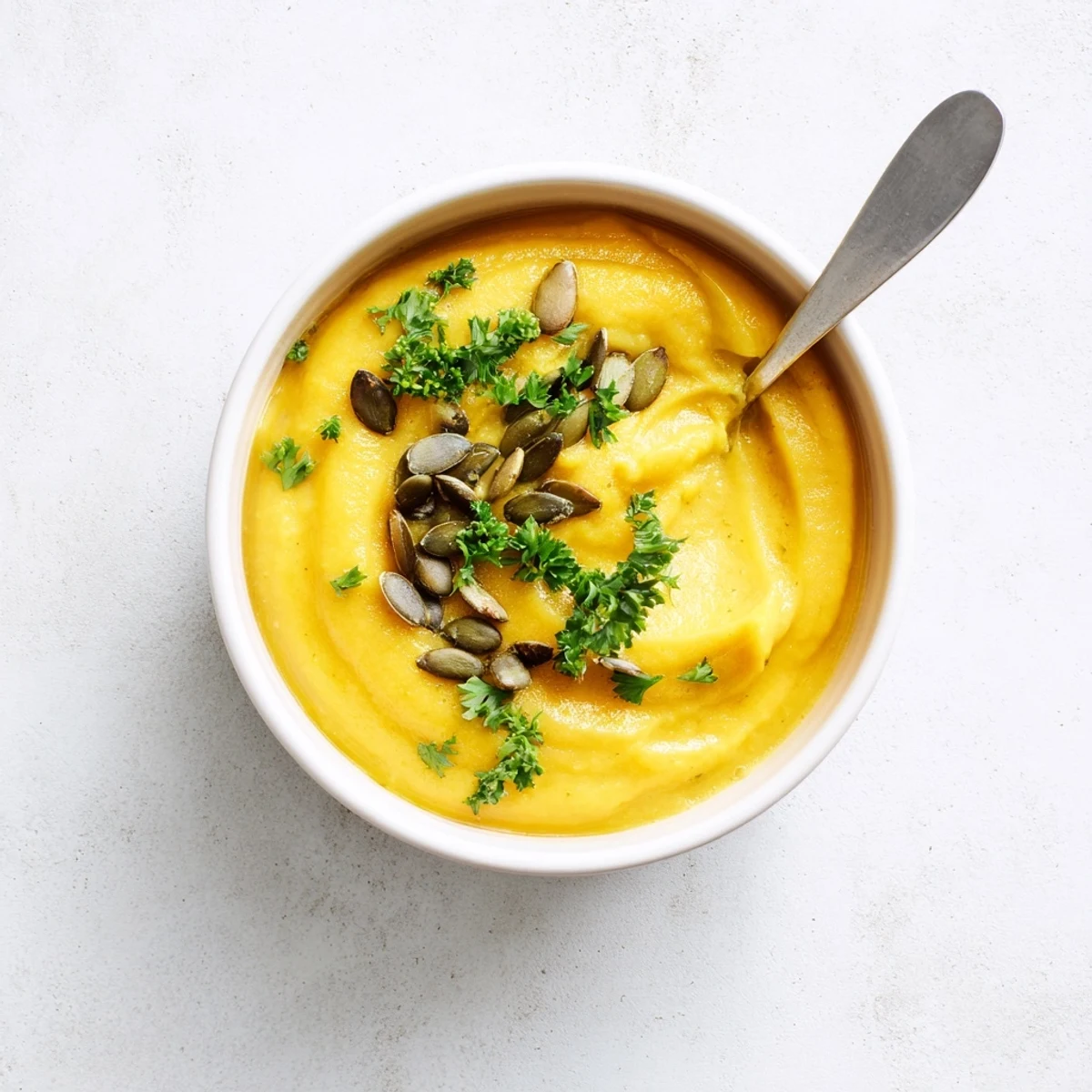 Golden-brown roasted broccoli and butternut squash simmer in a pot before being blended into a creamy, vibrant green soup.