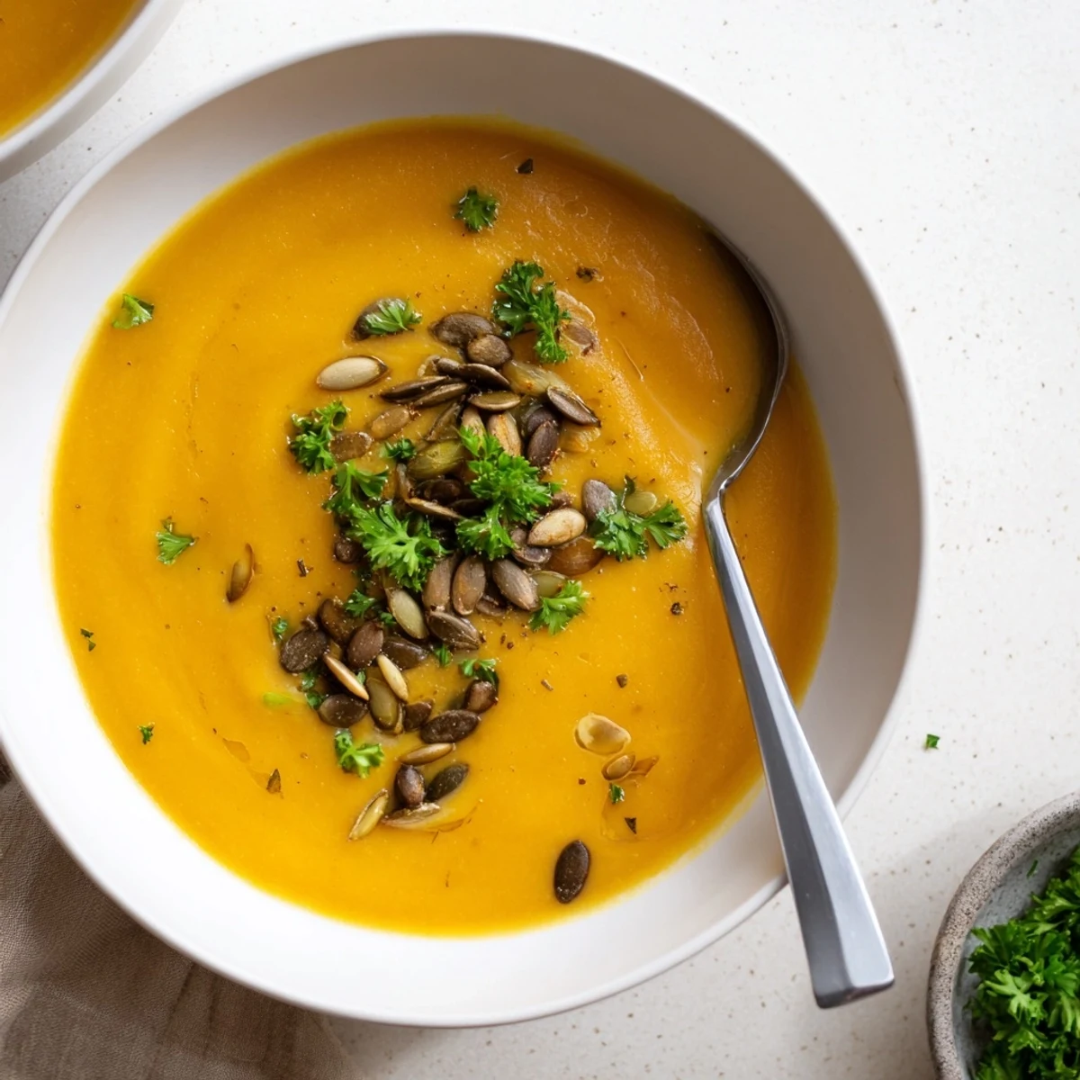 Garnished with toasted pumpkin seeds and fresh parsley, this rich Roasted Broccoli and Butternut Squash Soup is ready to serve.