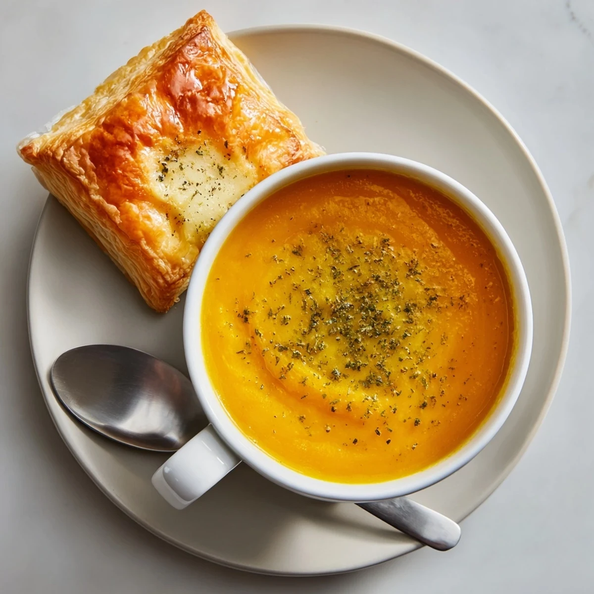 Steaming bowl of creamy broccoli and butternut squash soup with a golden cheese pastry perched on the rim.