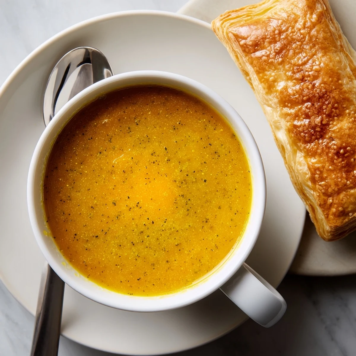 Vibrant green broccoli florets and smooth orange butternut squash soup crowned with a warm, cheesy puff pastry.
