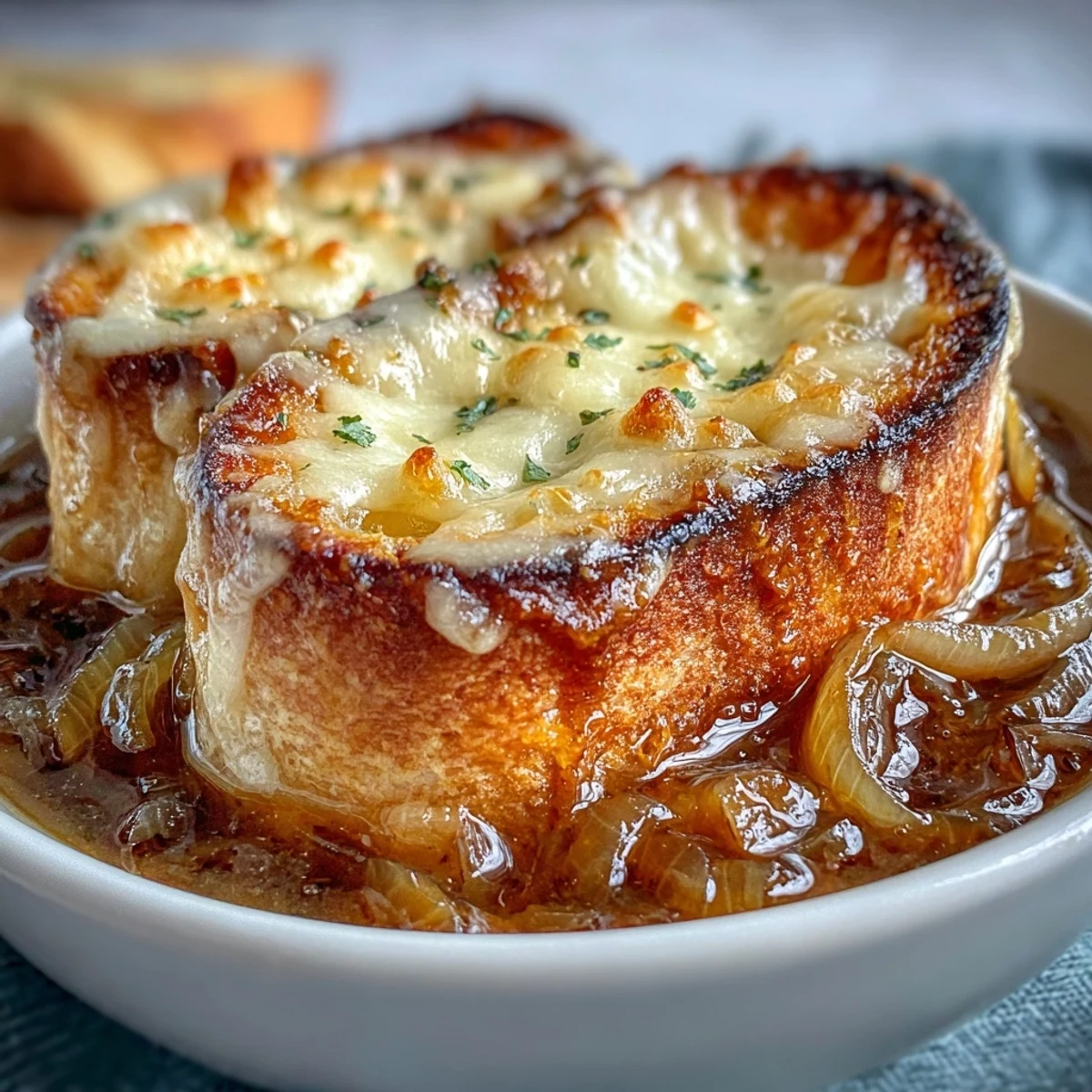 Classic French Onion Soup with bubbly golden Gruyère cheese and toasted baguette slices.