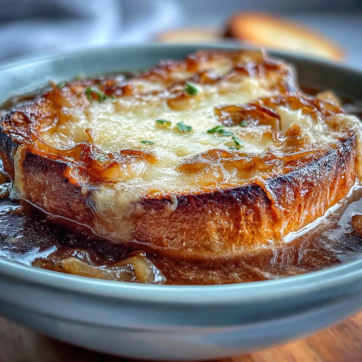 Hearty Classic French Onion Soup, topped with a delicious savory broth and cheese crust.