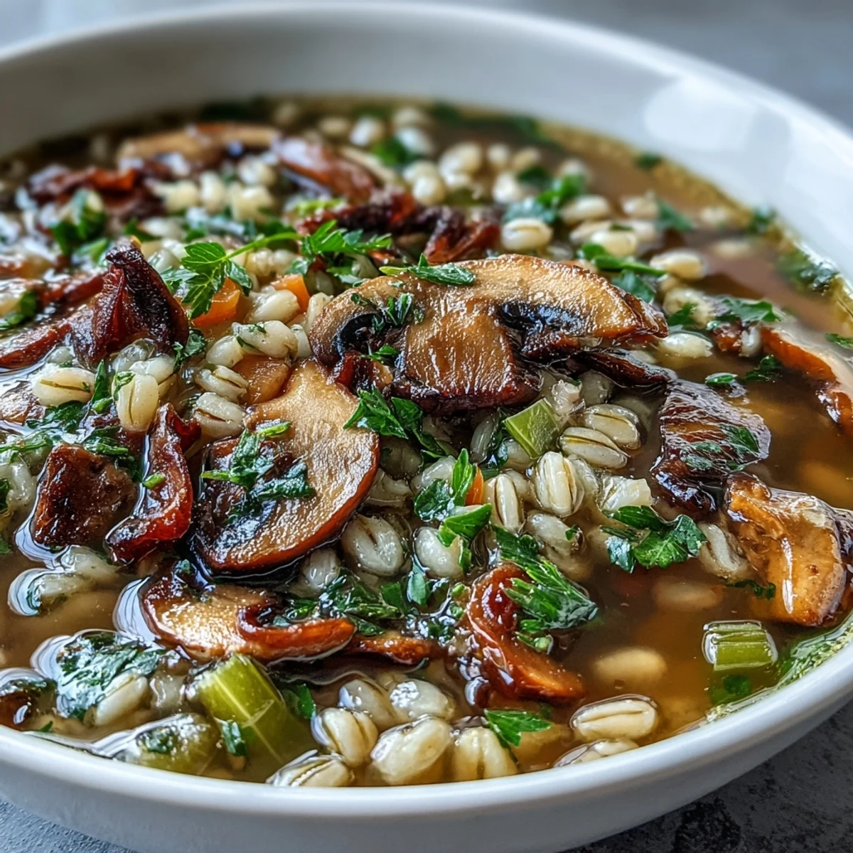 Close-up of homemade Mushroom Barley Soup, featuring plump pearl barley and fresh parsley garnish.