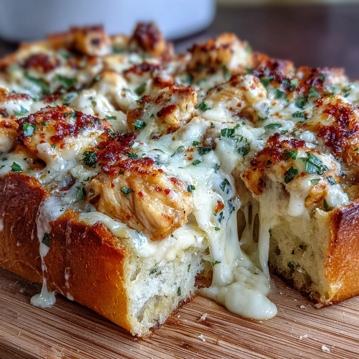 Golden, bubbling Chicken Alfredo Garlic Bread topped with melted mozzarella and cheddar, garnished with fresh parsley.  