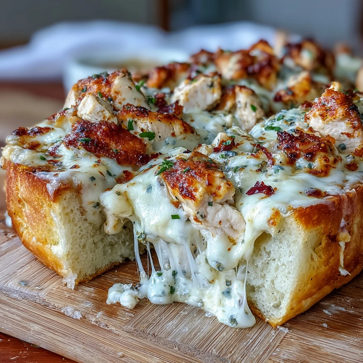 Freshly baked Chicken Alfredo Garlic Bread served warm, showcasing rich, creamy sauce and golden, crispy edges.