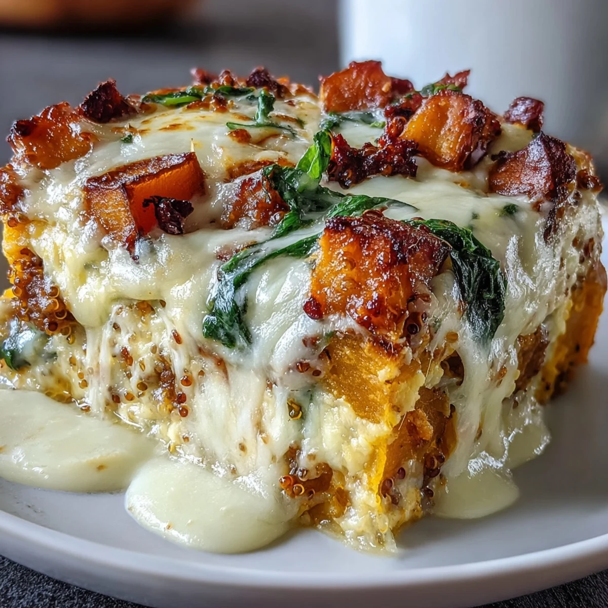Golden brown melted mozzarella and Parmesan blankets a warm scoop of Cozy Butternut Squash & Sausage Casserole, revealing tender squash and savory sausage beneath.  