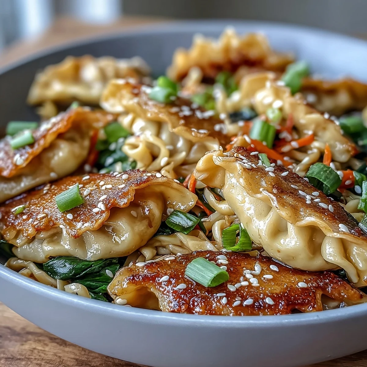 Steaming Potsticker Noodle Bowls in a bowl, featuring saucy potstickers, lo mein noodles, and colorful stir-fried vegetables.