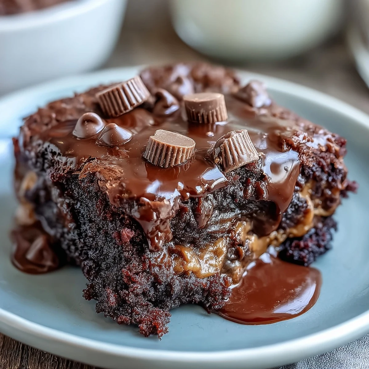A freshly baked Rich Peanut Butter Cup Dump Cake in a 9x13 pan, chocolate cake and peanut butter cups.