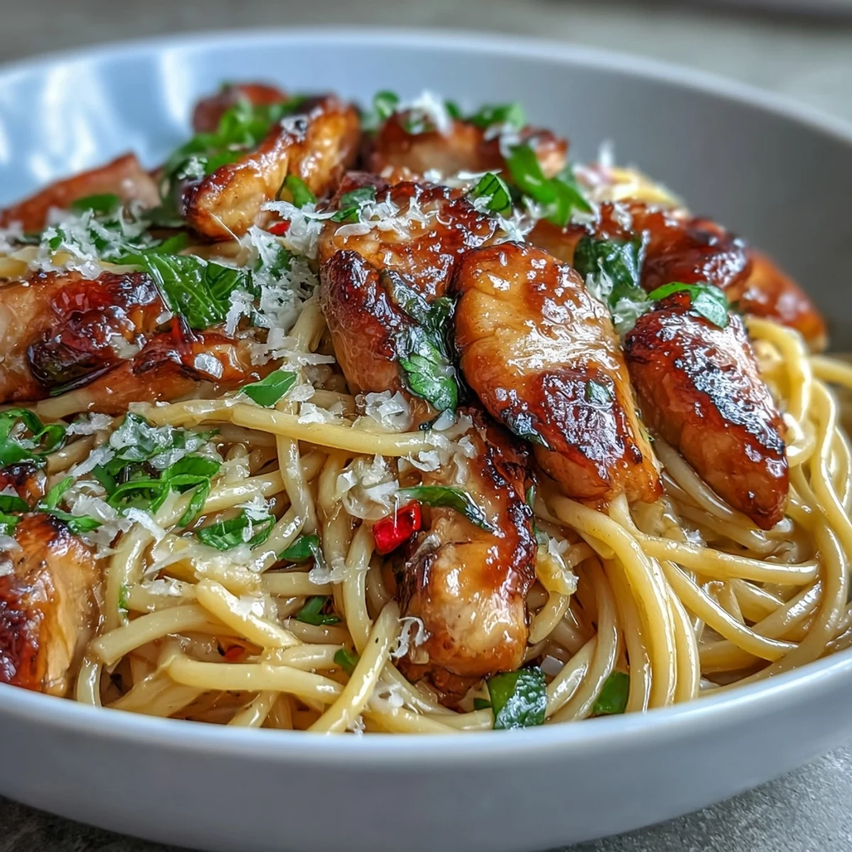 A close-up of Sticky Honey Garlic Chicken Pasta, with tender chicken slices glistening in a glossy sauce over spaghetti, garnished with parsley and red pepper flakes.