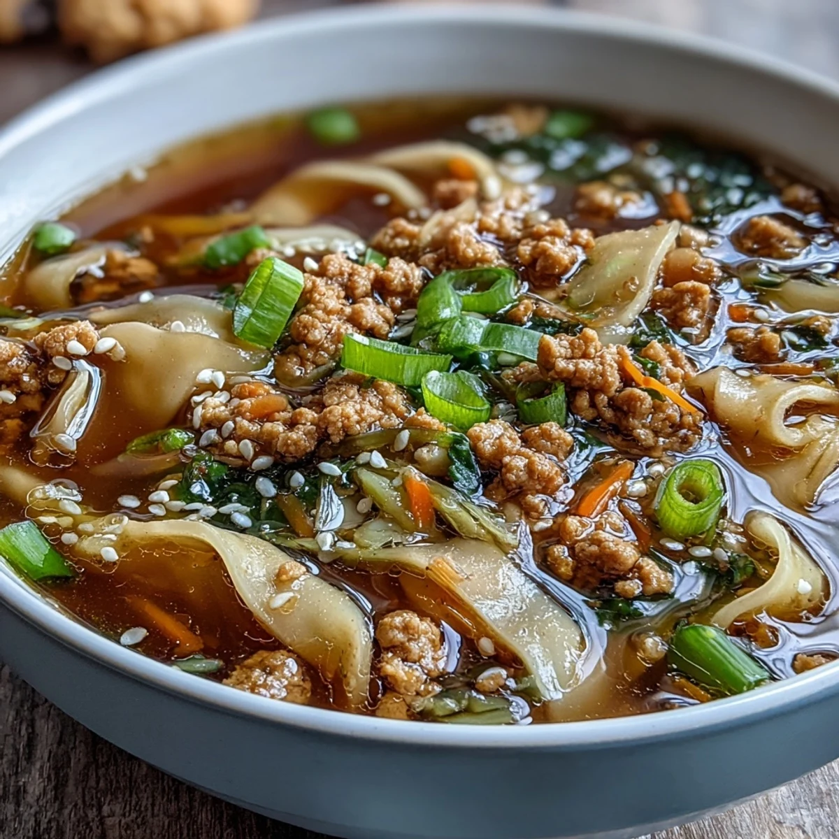 Steaming bowl of Cozy One-Pot Egg Roll Soup, topped with fresh green onions and sesame seeds, perfect for a comforting dinner.