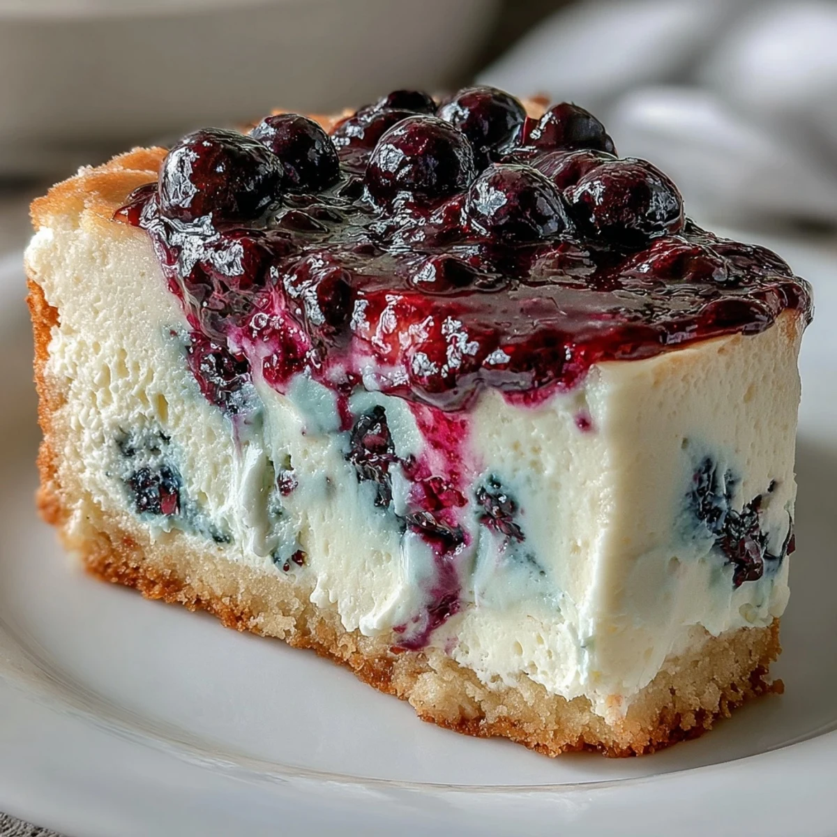 Serving the chilled Lemon Blueberry Shortbread Mousse Cake garnished with fresh blueberries on a rustic wooden board for a summer treat.