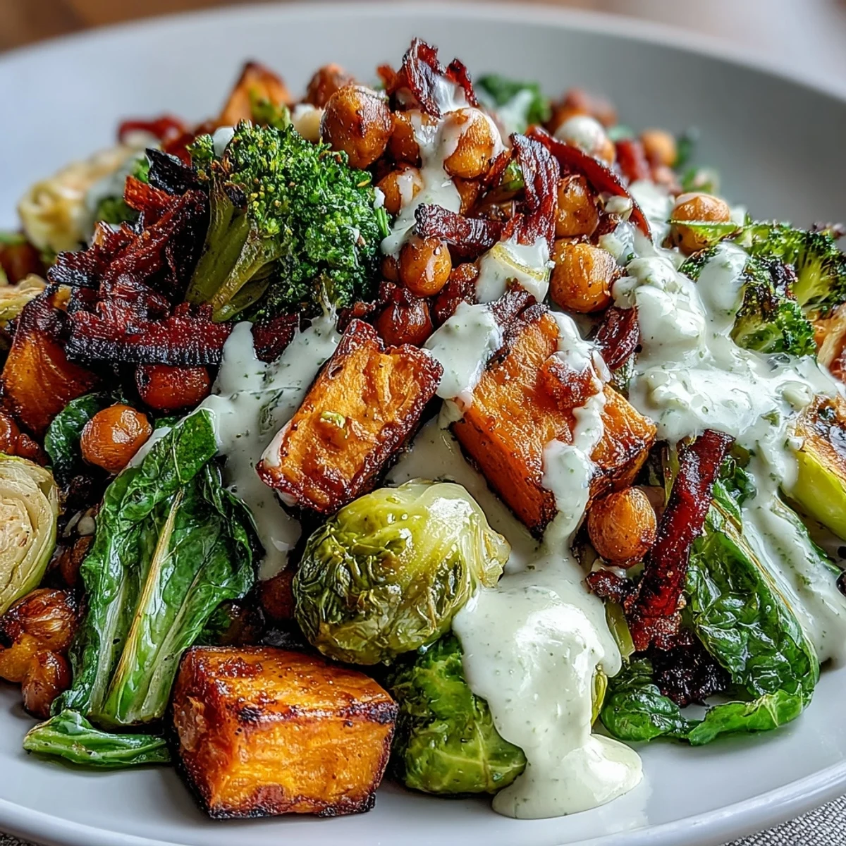 A close-up of roasted broccoli, Brussels sprouts, and sweet potatoes alongside crispy chickpeas in a bowl, drizzled with creamy maple Dijon tahini dressing for a vibrant plant-based dinner.