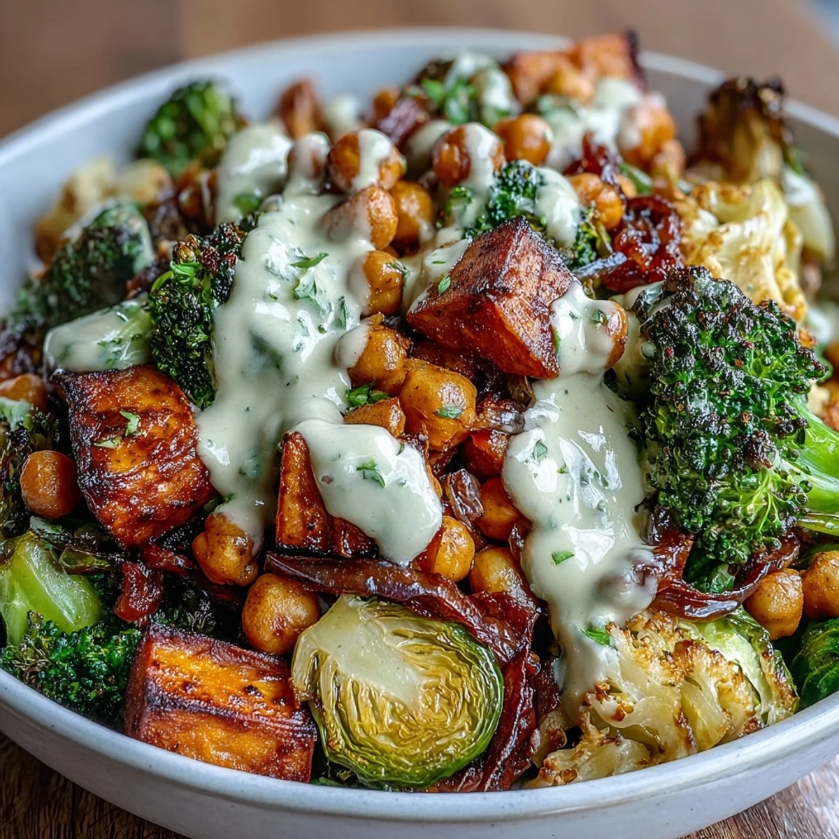 Golden roasted chickpeas and caramelized vegetables are artfully arranged in a bowl, with a generous drizzle of maple Dijon tahini dressing ready for a healthy meal prep.