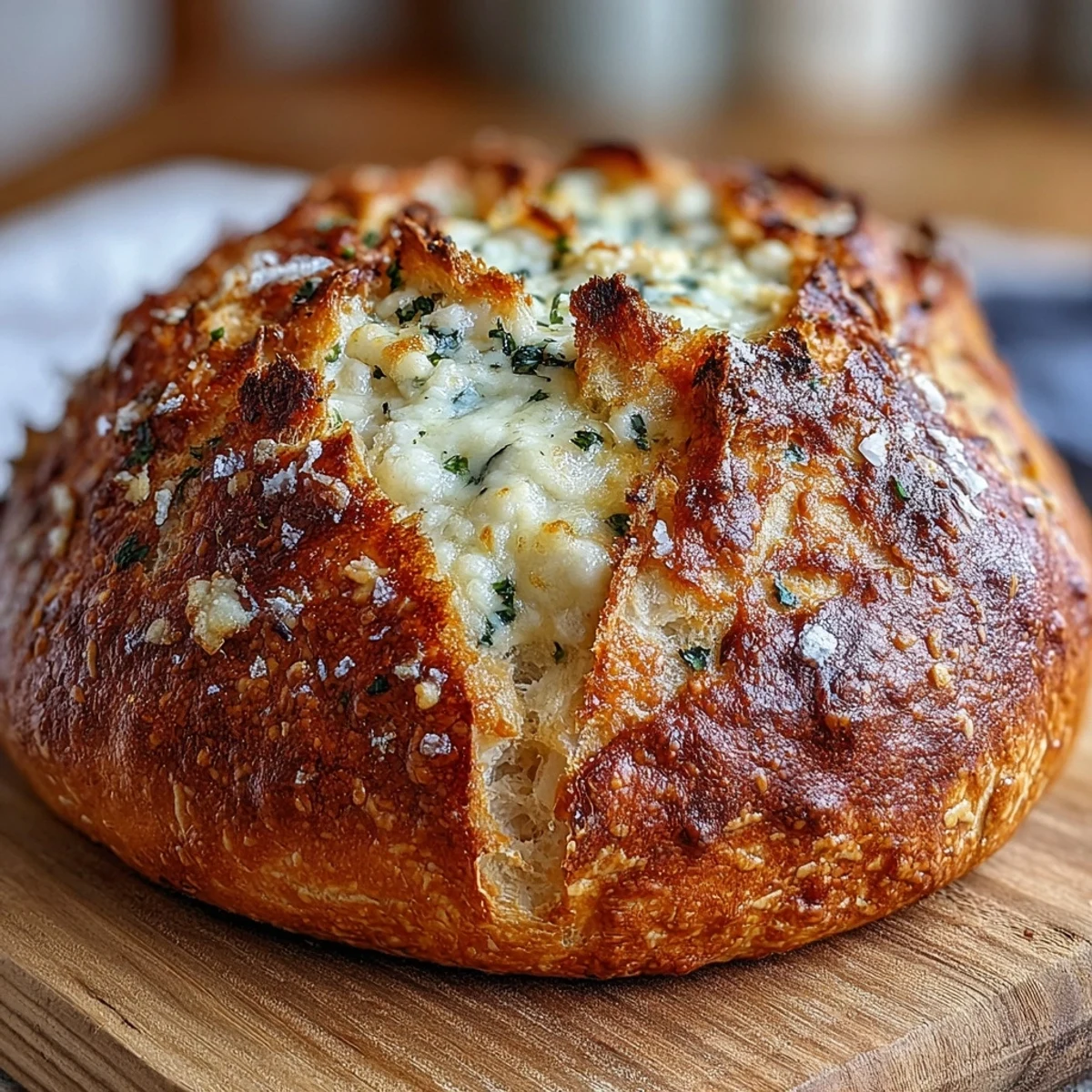 Golden crust of Perfect Parmesan Garlic Artisan Bread, with a tender, cheesy, interior on a wooden board.  