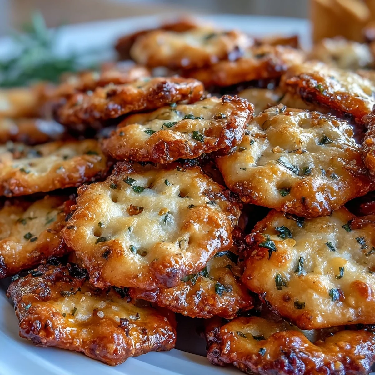 Freshly baked Ranch Oyster Crackers, lightly browned and seasoned with zesty herbs, served in a rustic ceramic dish.