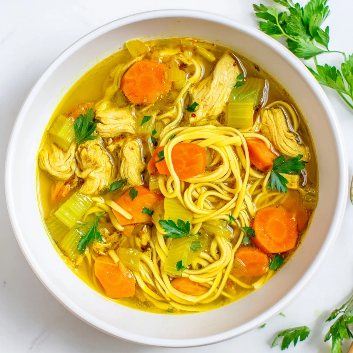Bright orange Ginger Turmeric Chicken Soup steaming in a white bowl, garnished with fresh parsley and creamy coconut swirls.