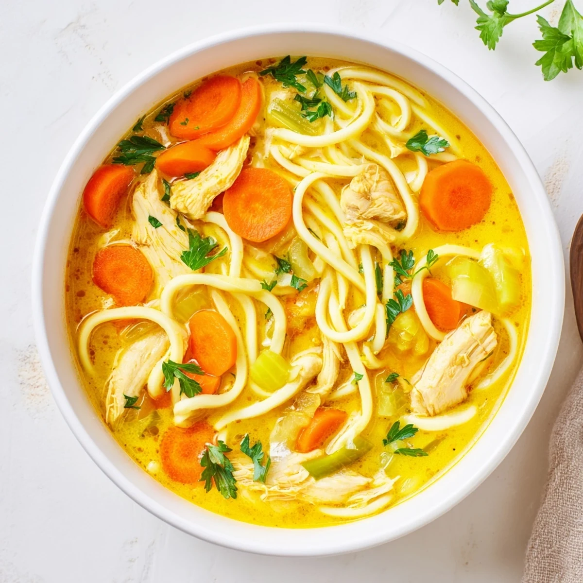 Hearty Ginger Turmeric Chicken Soup with tender chicken pieces, carrots, and celery in a cozy, golden-hued broth.