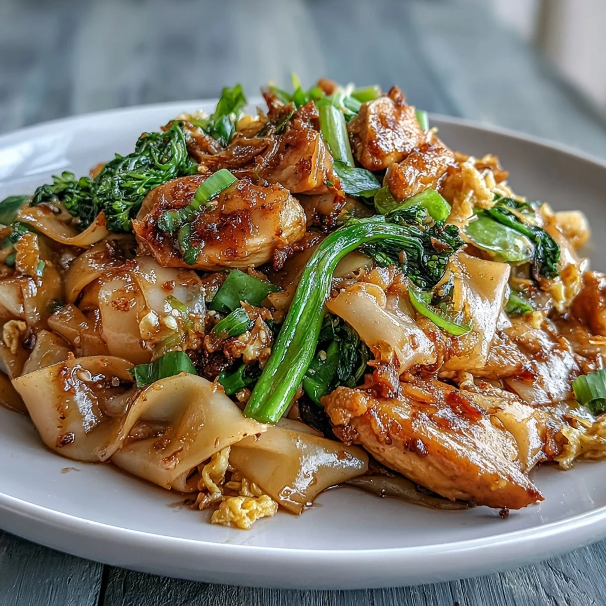 Golden-brown Authentic Thai Pad See Ew with tender chicken and Chinese broccoli served on a white plate.