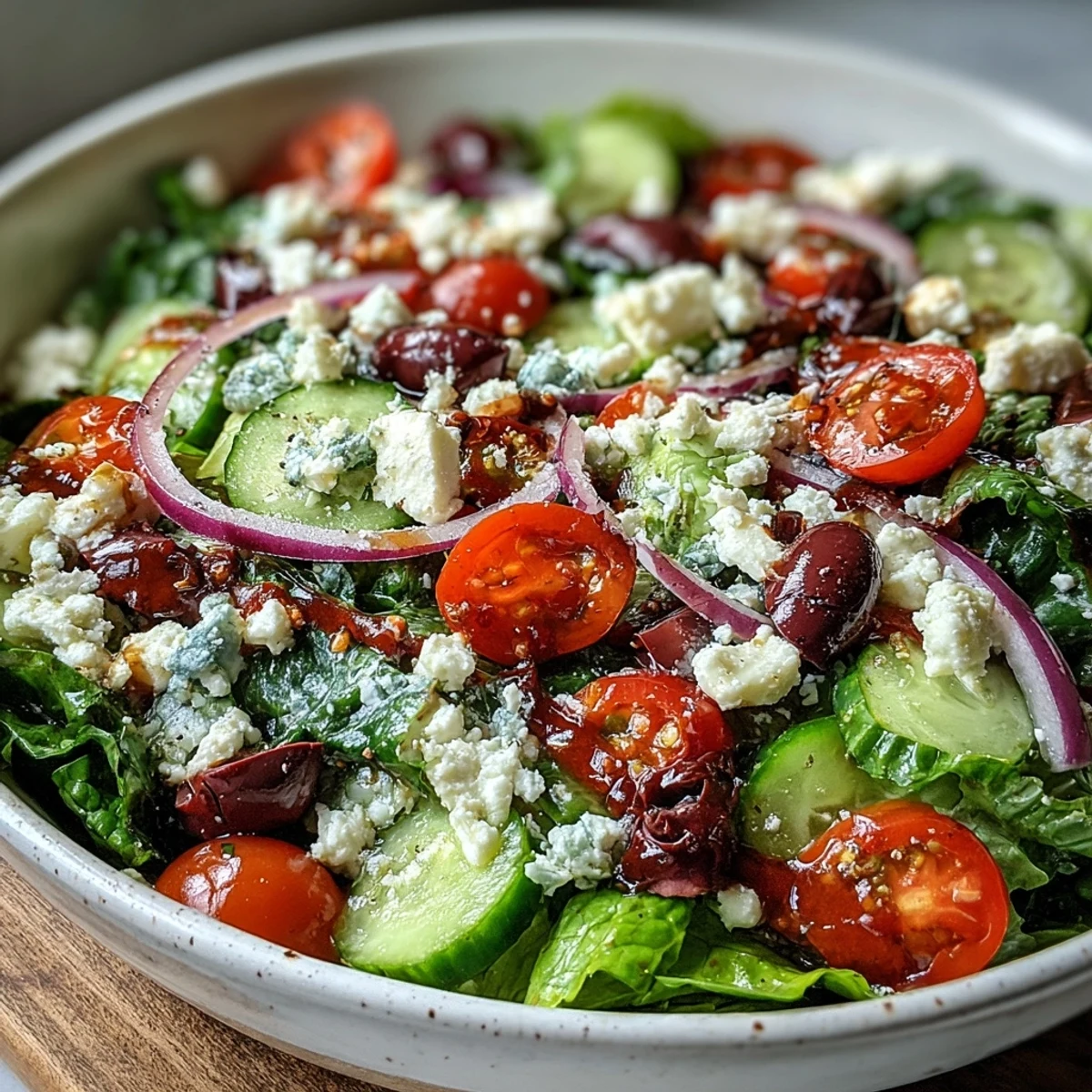 Crisp Greek Salad Bowl, a colorful mix of feta, olives, and garden produce.