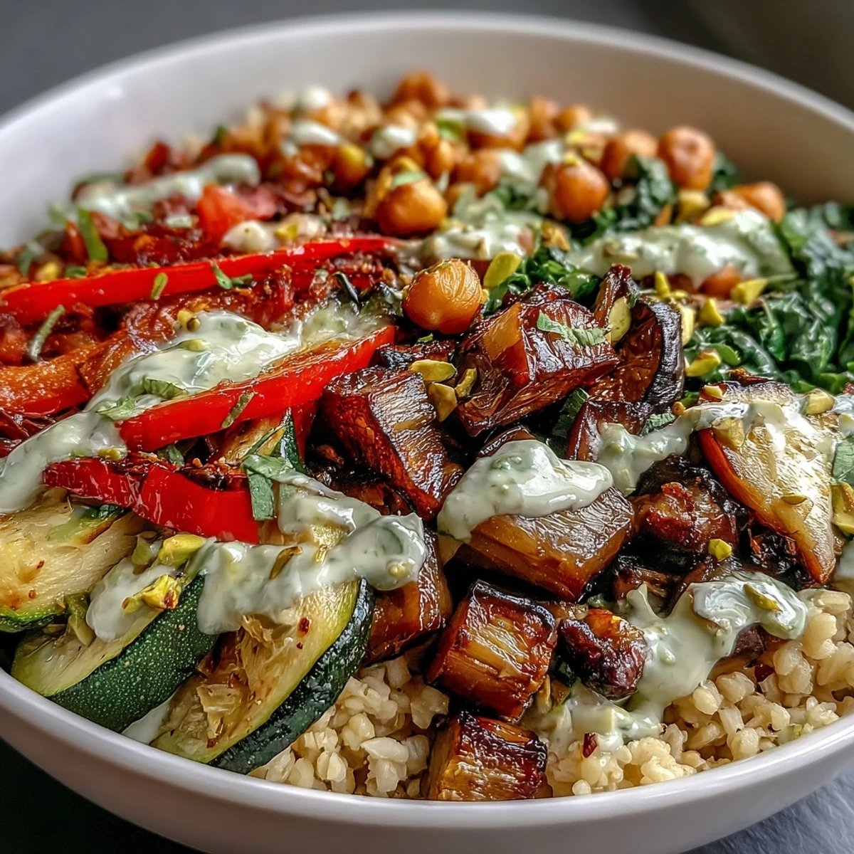 Vibrant Mediterranean Buddha Bowl with creamy tahini dressing, ready for healthy meal prep.