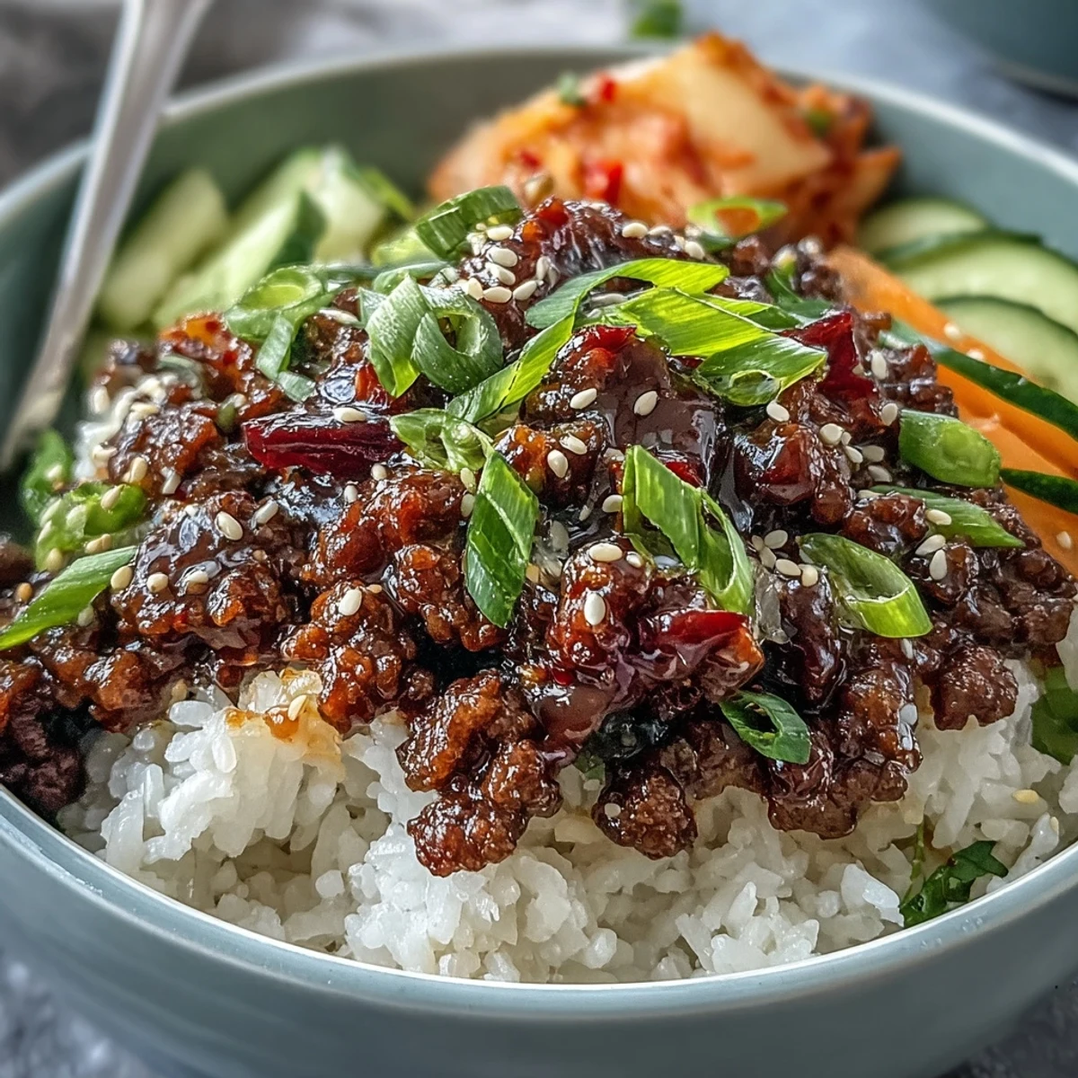 Hearty Korean Ground Beef Bowl bursting with savory umami, vibrant colors, and fresh toppings.