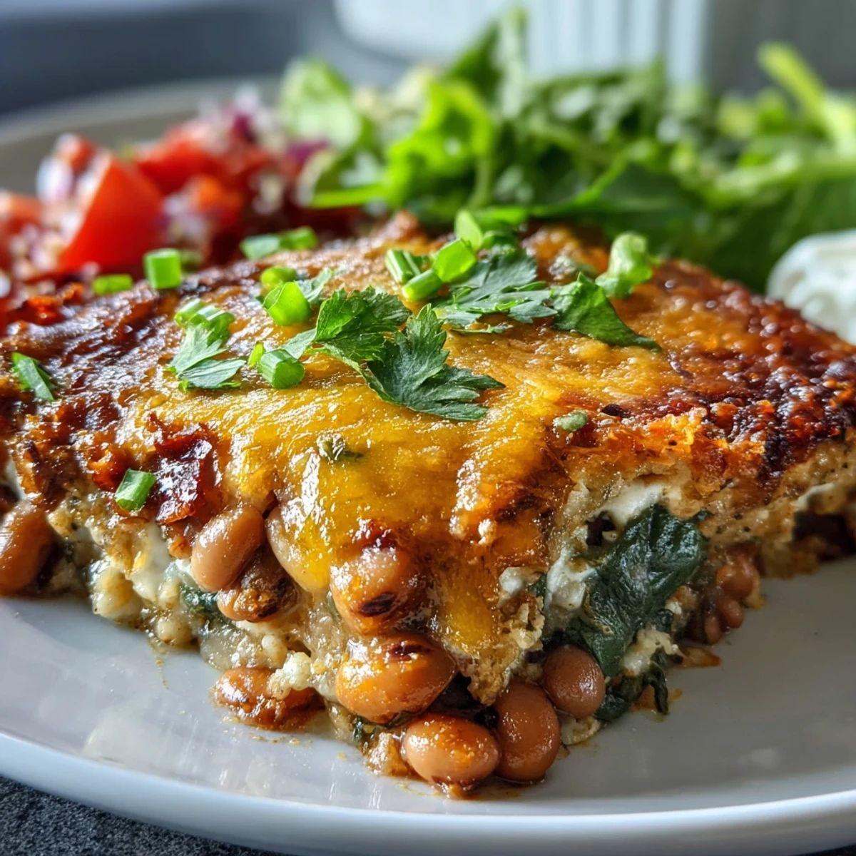 Golden-brown Tex Mex Black Eyed Pea Casserole bubbling with melted cheddar cheese.