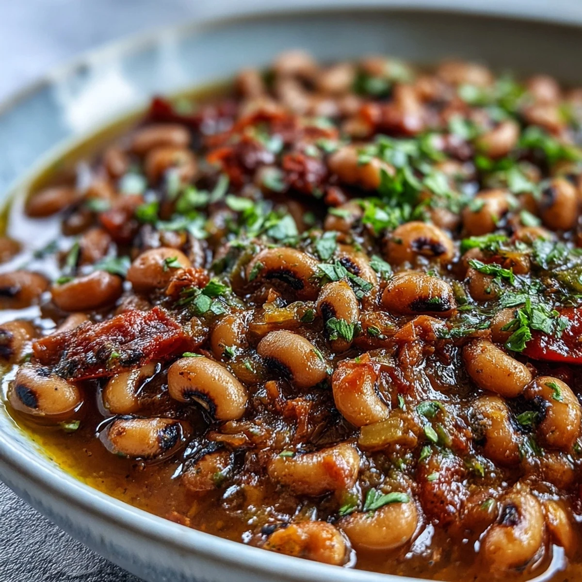 Hearty Greek-inspired black-eyed peas stew served in a rustic bowl, topped with crumbled feta and ready to be scooped up with crusty bread.
