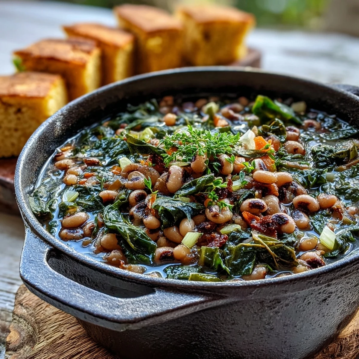 A hearty pot of Black-Eyed Peas With Collard Greens garnished with fresh thyme and a dash of hot sauce.